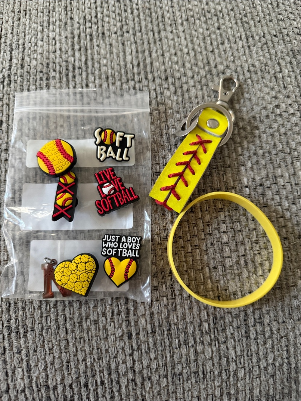 Yellow Softball Keychain Wristlet with Charm Set